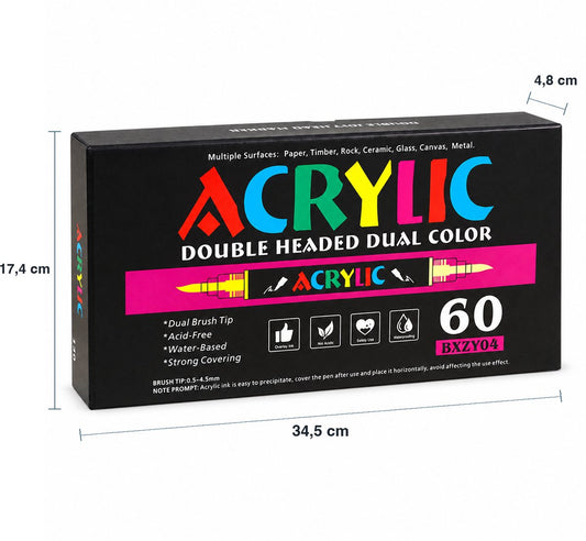 Acrylstiften Dual Tip – 60 stiften / 120 kleuren – dubbele punt