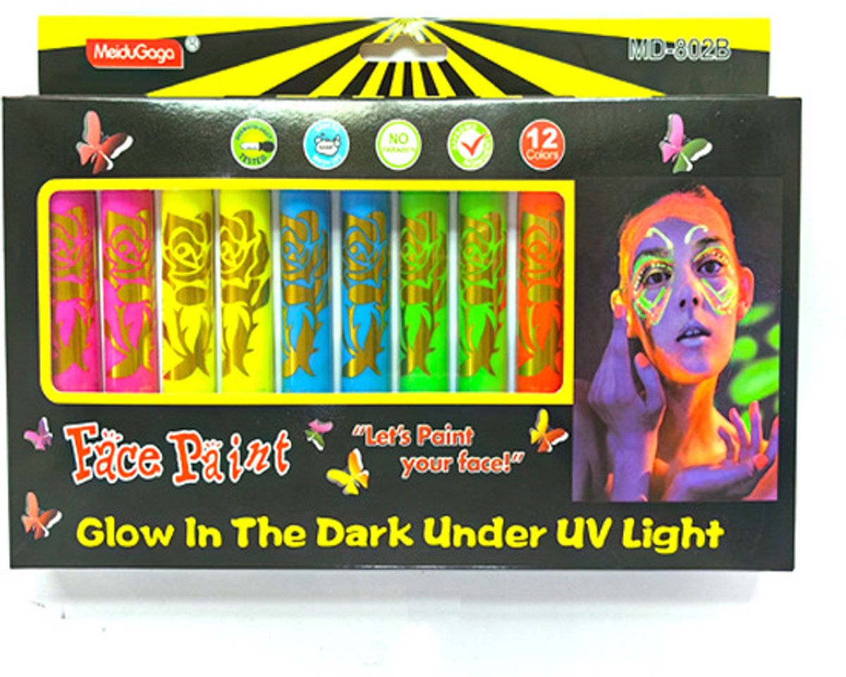 UV schminkstiften – 12 stuks / 6 neonkleuren – afwasbaar