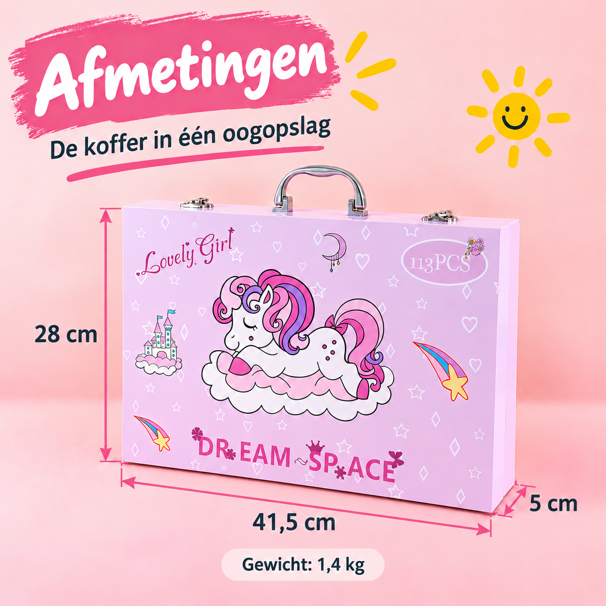 Afmetingen van de unicorn tekenkoffer: 41,5 cm breed, 28 cm hoog en 5 cm diep, met een gewicht van 1,4 kg.