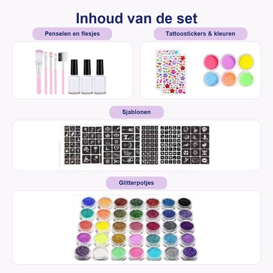 Glittertattooset – 42 kleuren – met glow-in-the-dark — 8721398055299 — 8