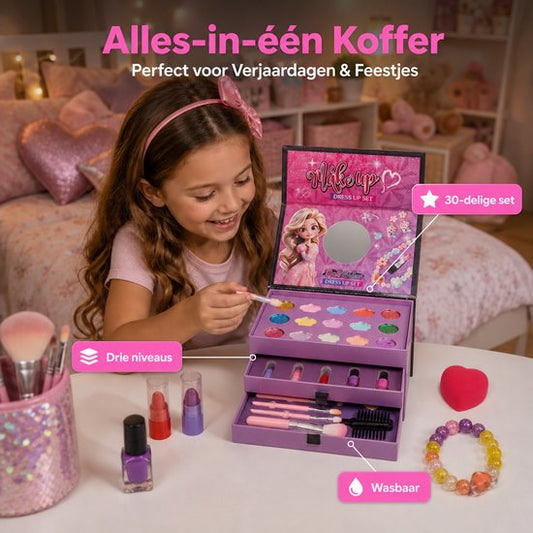 Kindermake-upkoffer – 30-delig – met 3 niveaus en spiegel — 8721398055787 — 2