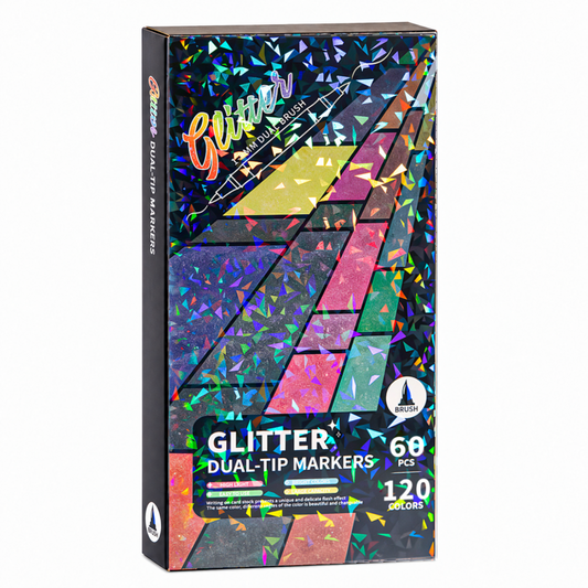 Gesloten verpakking van 60 dubbelzijdige glitterstiften met 120 kleuren op een witte achtergrond