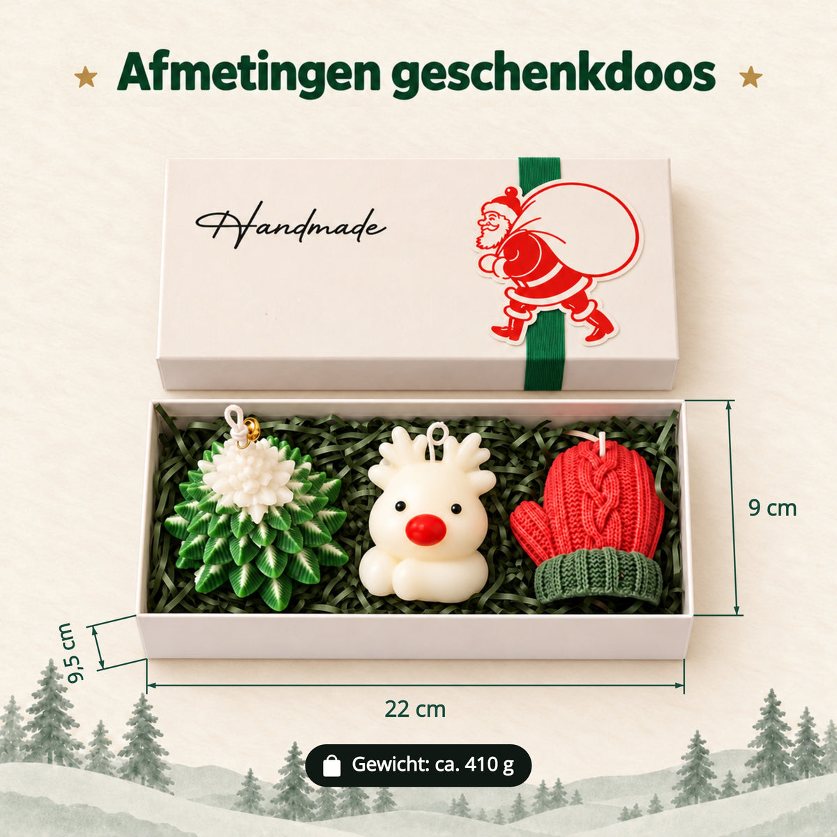 Afmetingen van de geschenkdoos: 22 × 9 × 9,5 cm, circa 410 gram