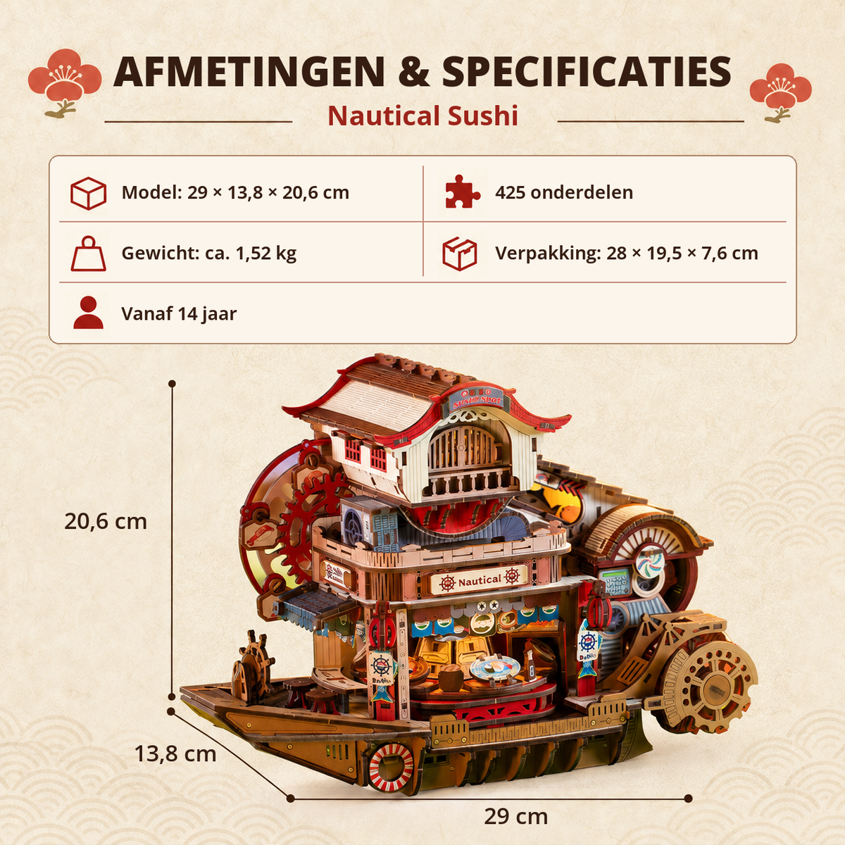 Nautical Sushi houten bouwpakket met afmetingen 29 × 13,8 × 20,6 cm en 425 onderdelen