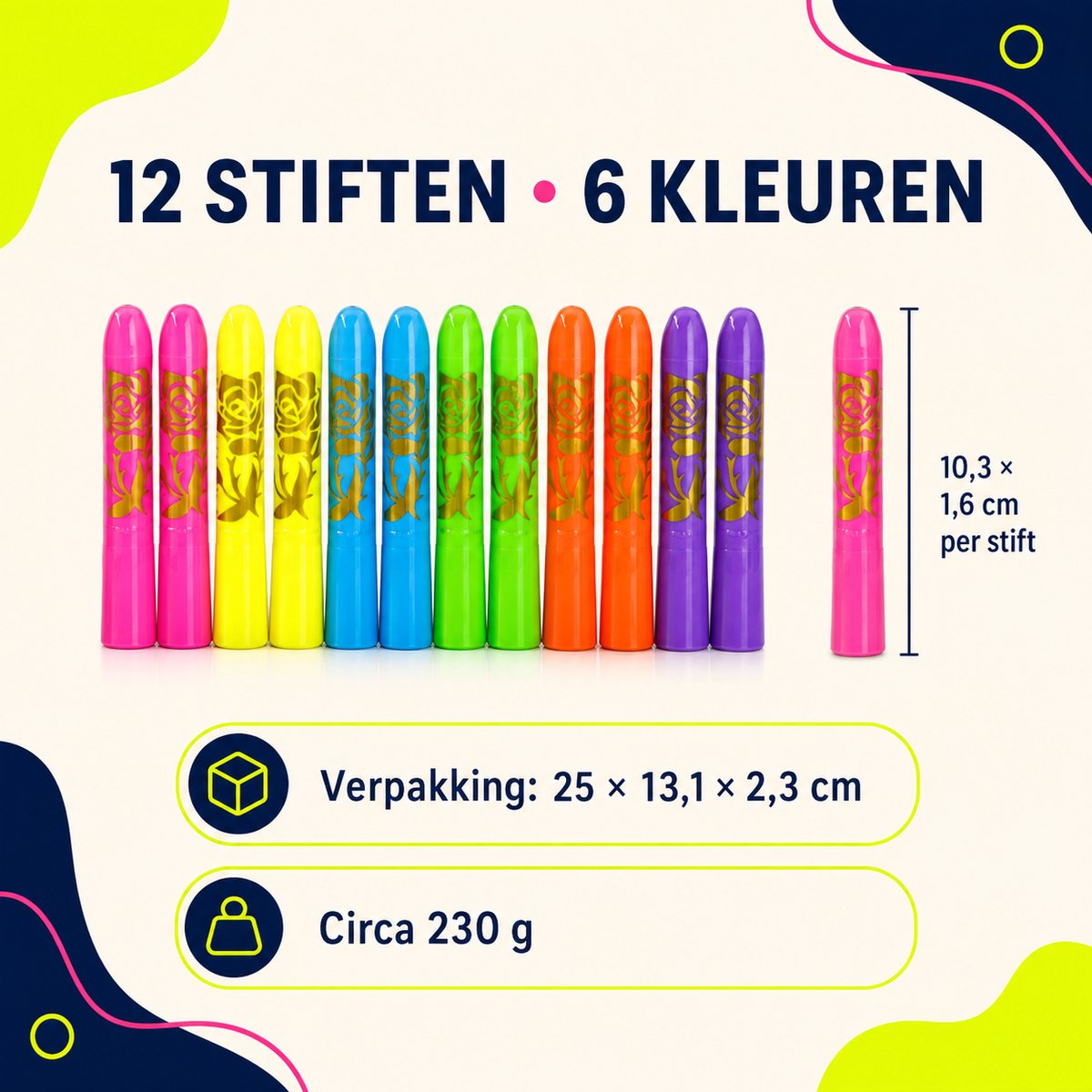 UV schminkstiften – 12 stuks / 6 neonkleuren – afwasbaar