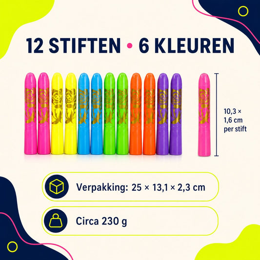 UV schminkstiften – 12 stuks / 6 neonkleuren – afwasbaar