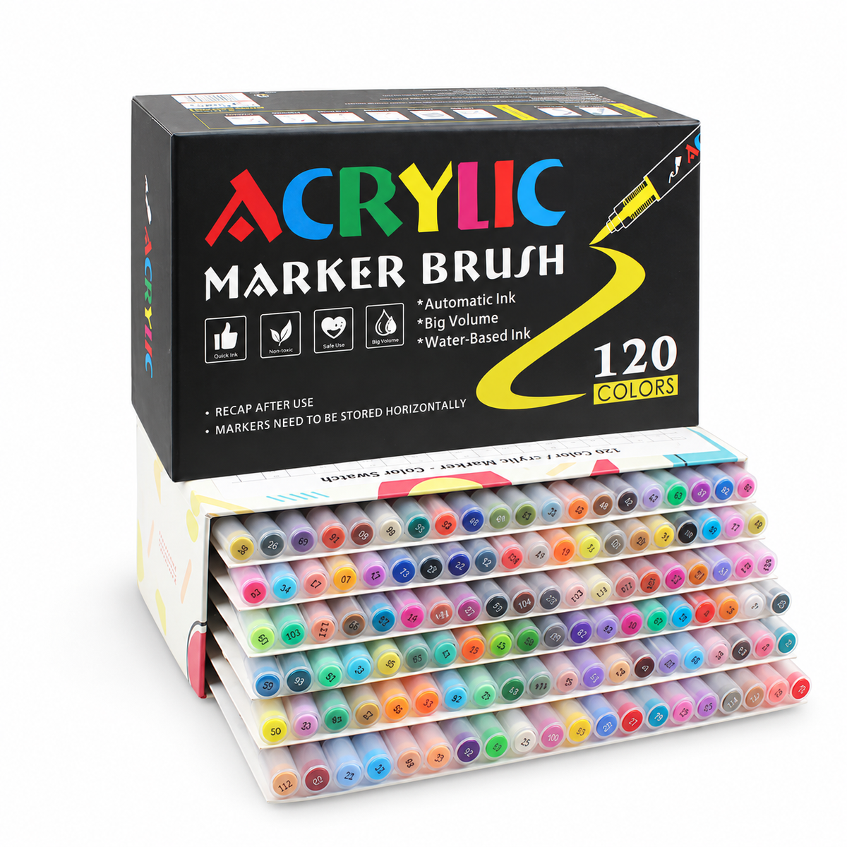 Set van 120 acrylmarkers met opbergdoos op witte achtergrond