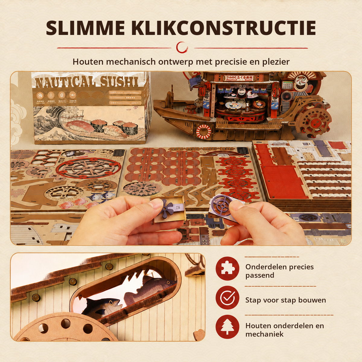 Nautical Sushi bouwpakket met houten platen, klikonderdelen en geïllustreerde handleiding