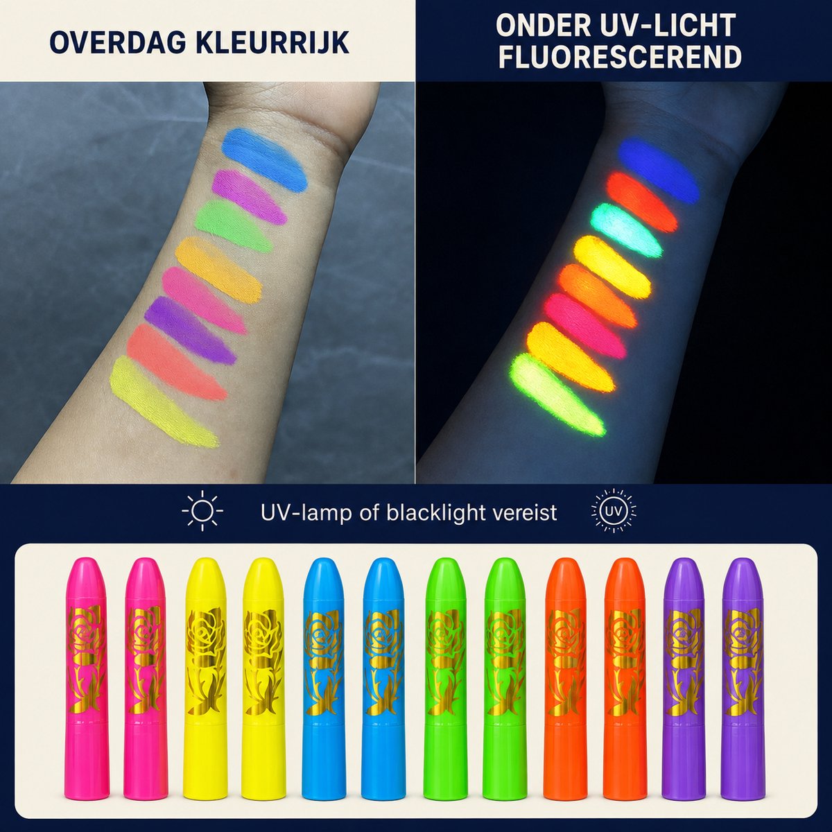 UV schminkstiften – 12 stuks / 6 neonkleuren – afwasbaar