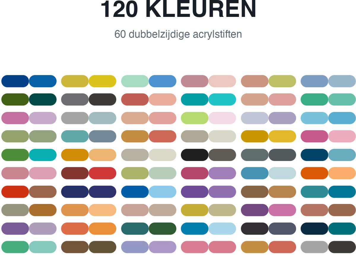 Acrylstiften Dual Tip – 60 stiften / 120 kleuren – dubbele punt