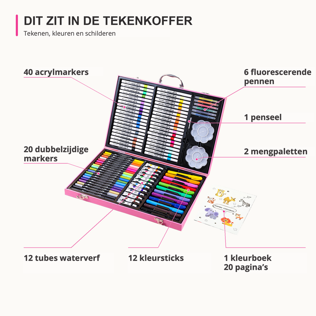 Inhoud van de unicorn tekenkoffer: 40 acrylmarkers, 20 dubbelzijdige markers, waterverf, kleursticks, pennen, penseel, mengpaletten en kleurboek.