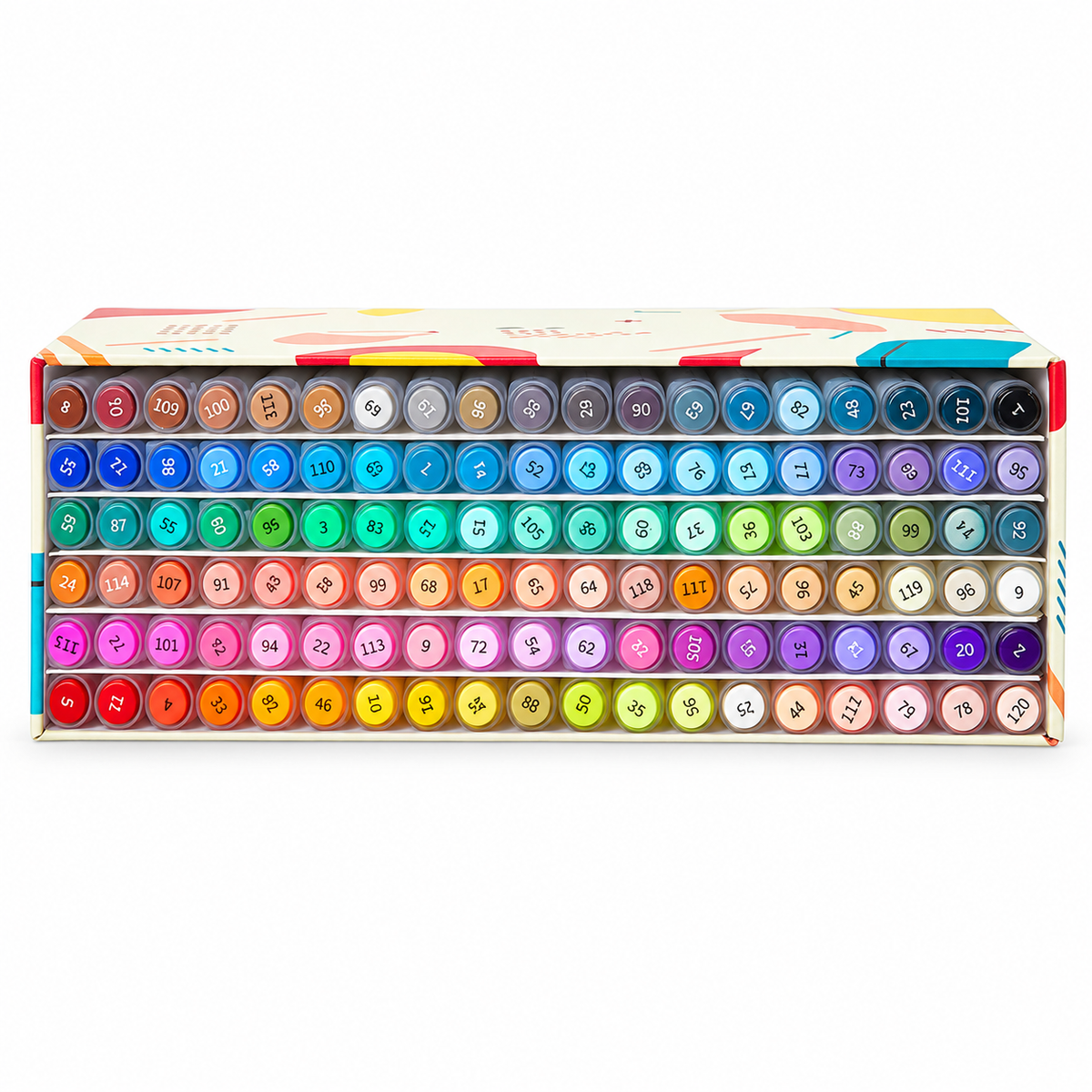 Open doos met 120 acrylmarkers en zichtbare kleurcodes