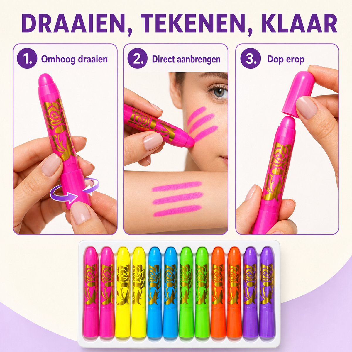 UV schminkstiften – 12 stuks / 6 neonkleuren – afwasbaar