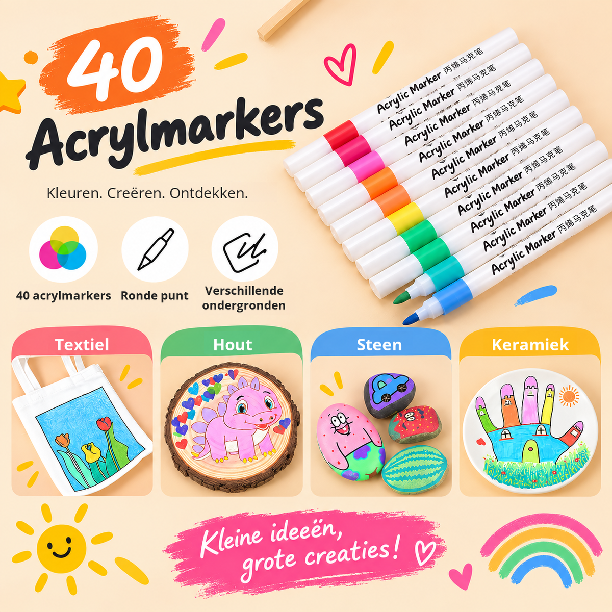 Acrylmarkers uit de tekenkoffer met ronde punten en kleurrijke creatieve voorbeelden op textiel, hout, steen en keramiek.