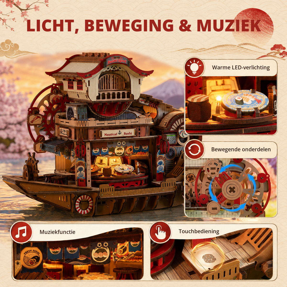 Nautical Sushi model met warme ledverlichting, bewegende onderdelen, muziek en touchbediening