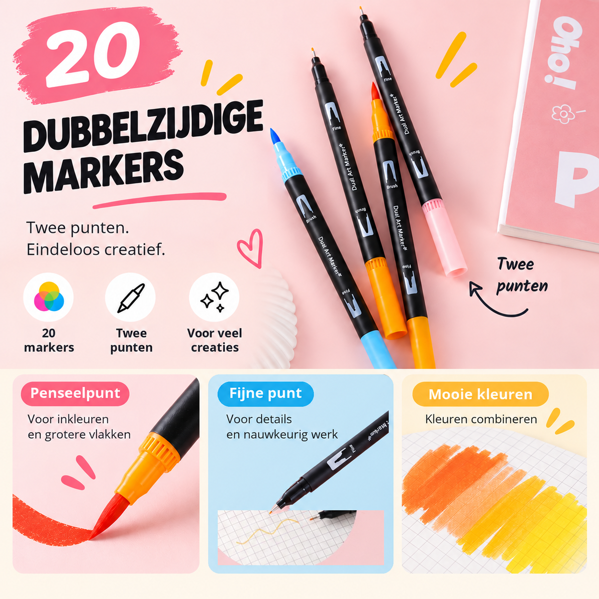 Dubbelzijdige tekenmarkers met een penseelpunt voor inkleuren en een fijne punt voor details, met kleurvoorbeelden op papier.