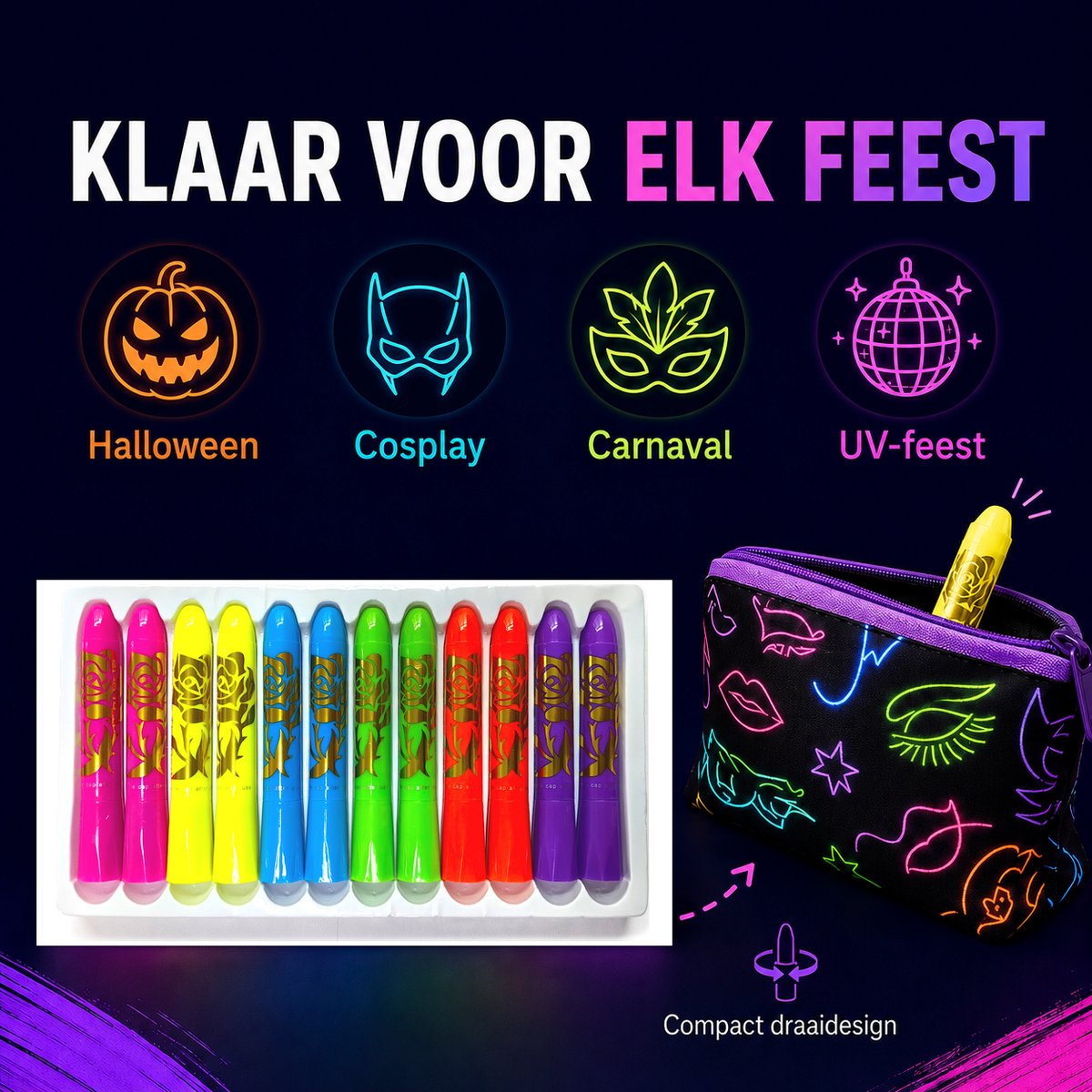 UV schminkstiften – 12 stuks / 6 neonkleuren – afwasbaar