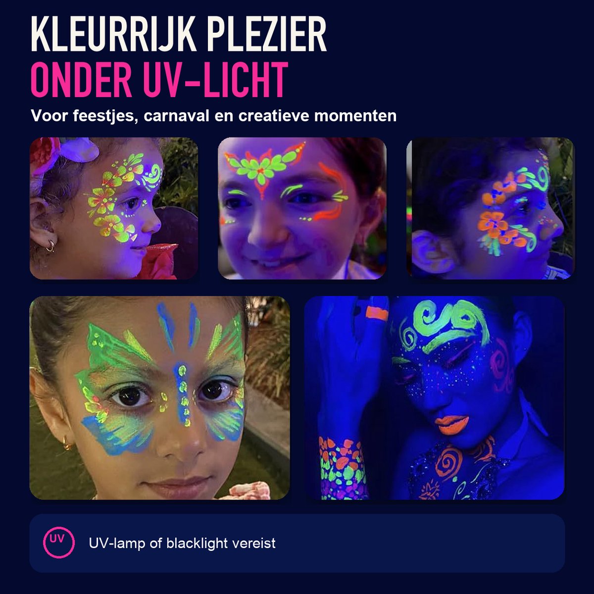 UV schminkstiften – 12 stuks / 6 neonkleuren – afwasbaar