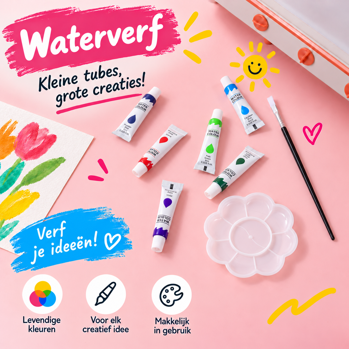 Tubes waterverf in verschillende kleuren met een penseel, bloemvormig mengpalet en kleurrijke schildervoorbeelden.