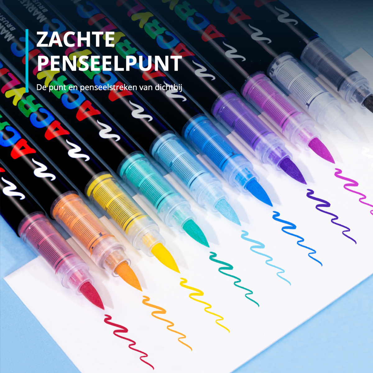 Close-up van zachte penseelpunten in verschillende kleuren