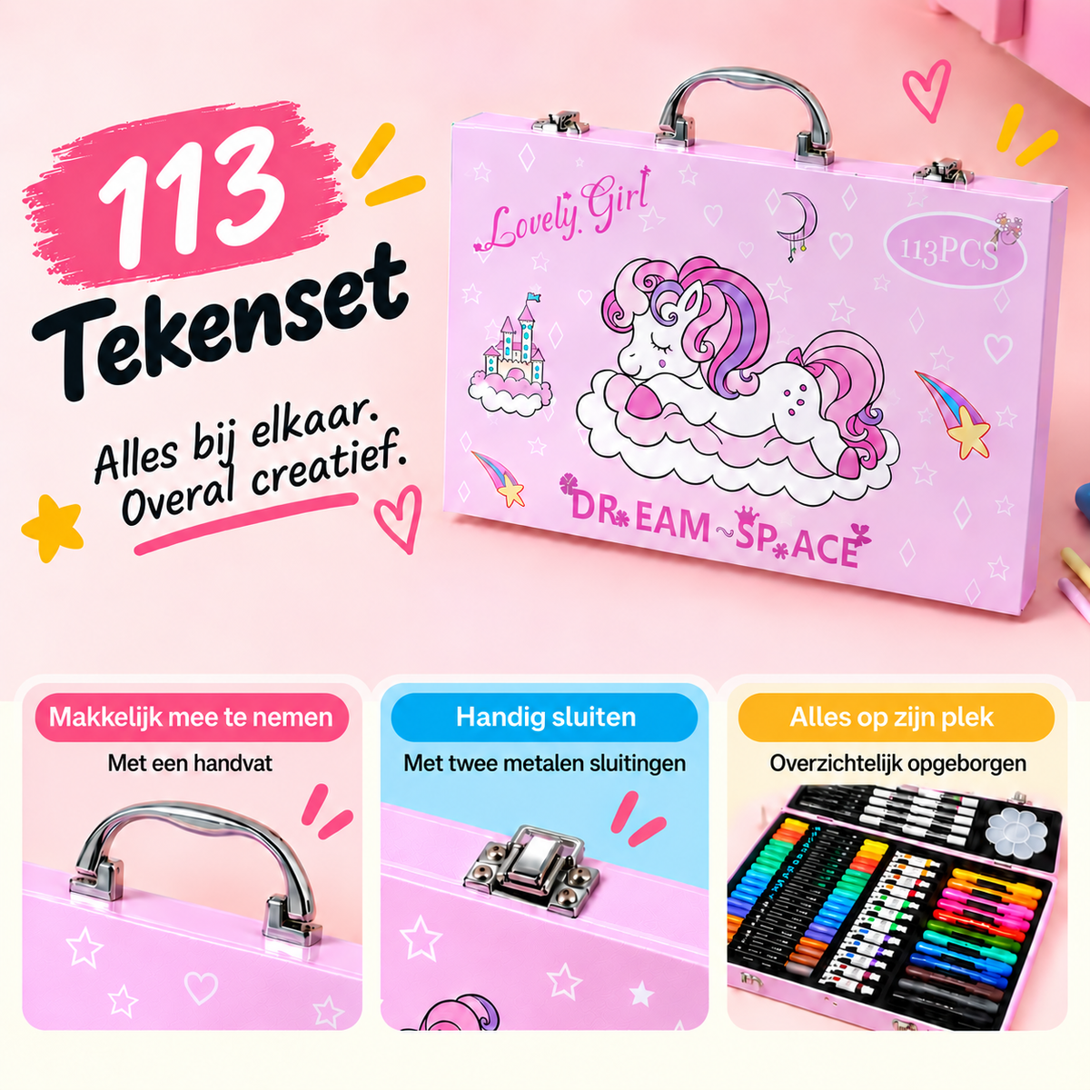Roze unicorn tekenkoffer met detailbeelden van het handvat, de twee metalen sluitingen en de overzichtelijk opgeborgen tekenmaterialen.