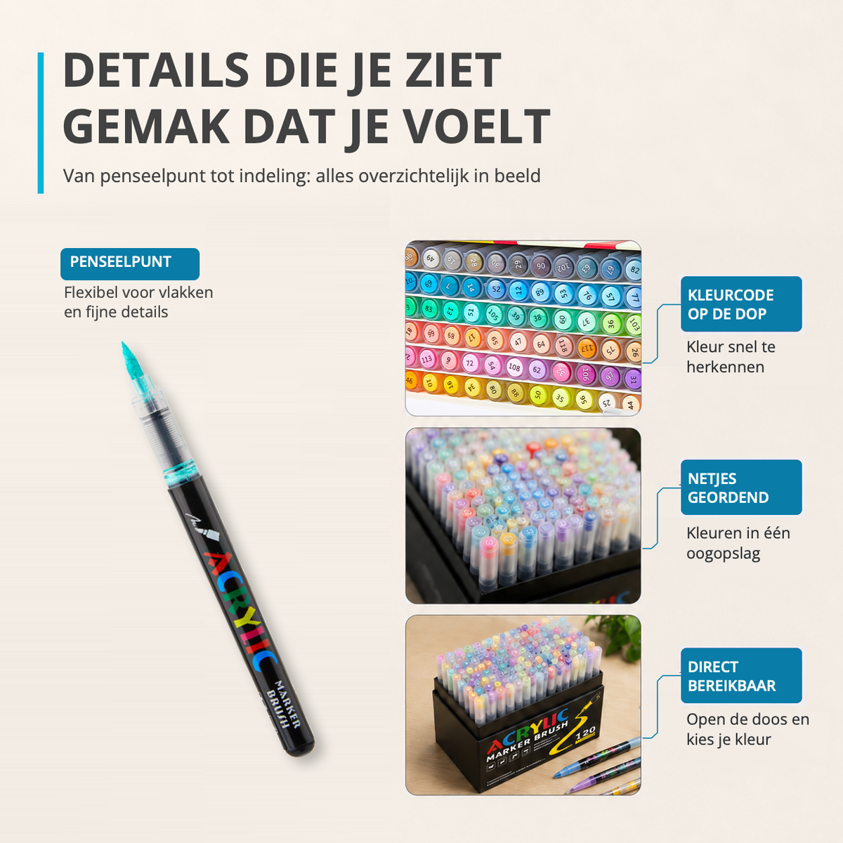 Penseelpunt, kleurcodes op de doppen en overzichtelijke opbergdoos