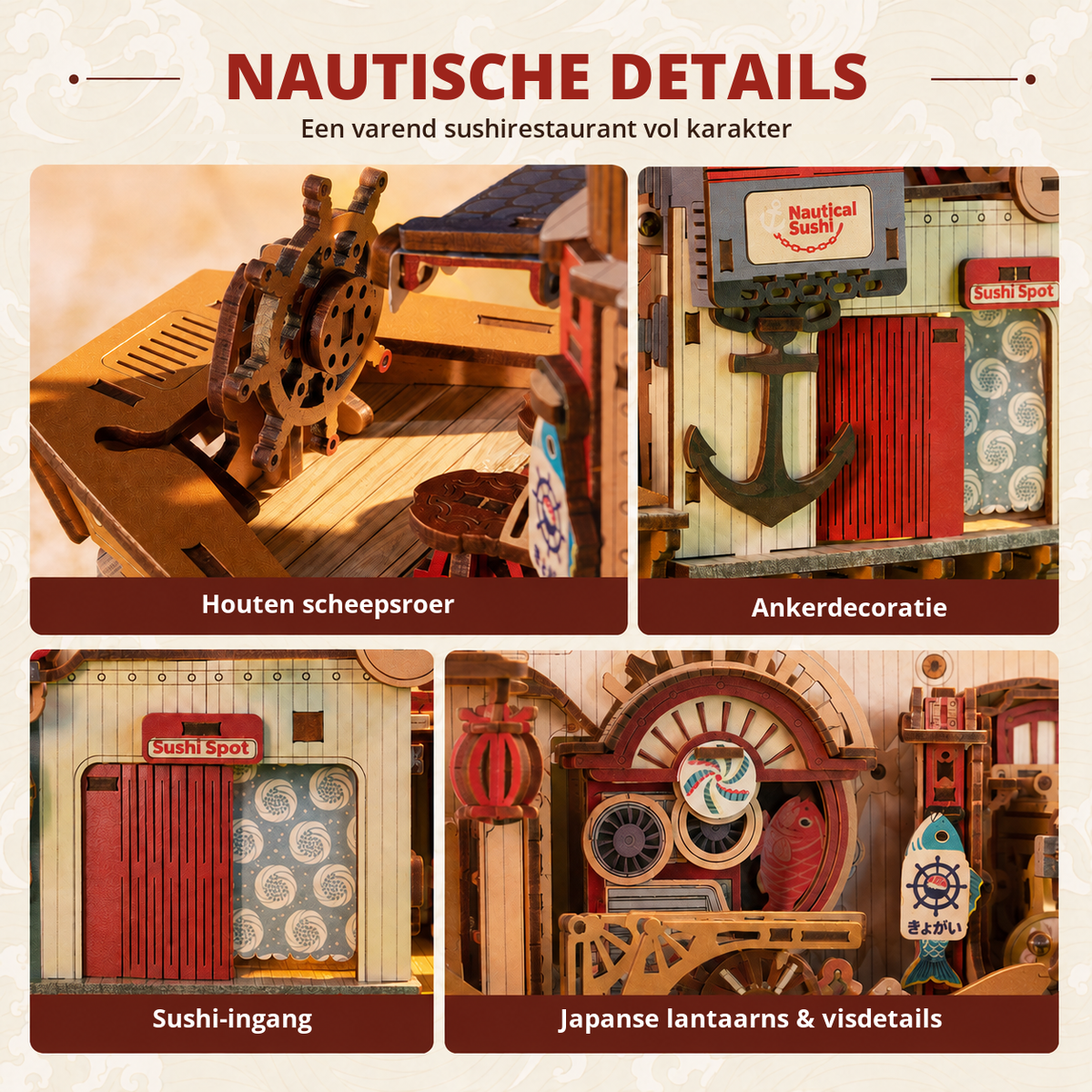 Nautische details van Nautical Sushi met scheepsroer, anker en lantaarns