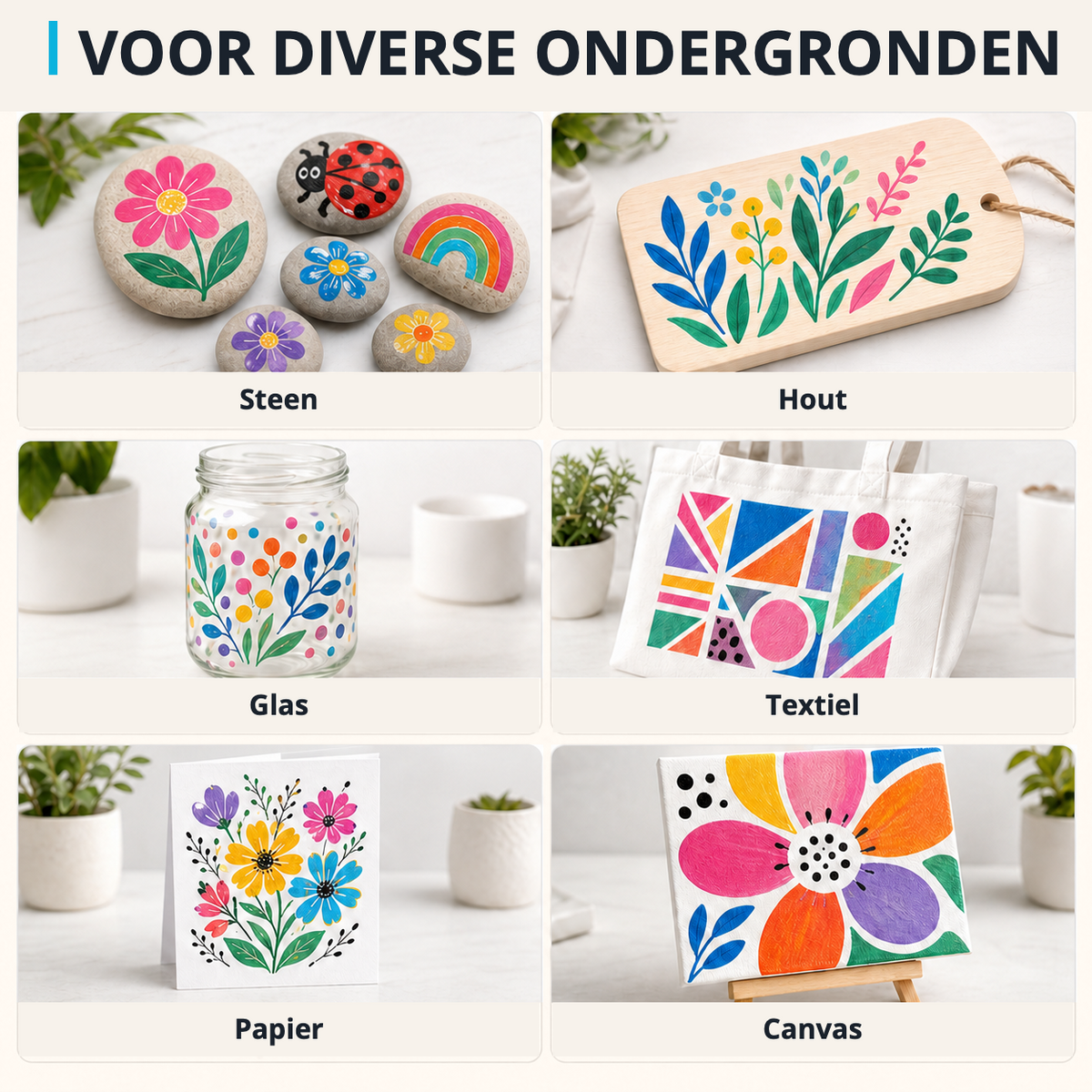 Creatieve voorbeelden op steen, hout, glas, textiel, papier en canvas