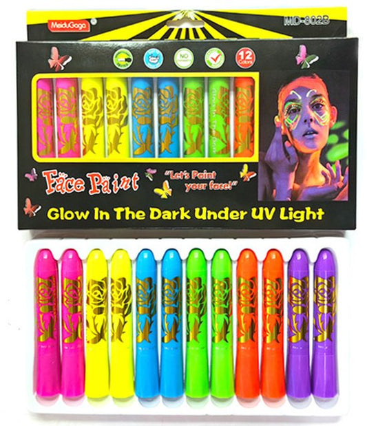 Doos met 12 UV schminkstiften in zes neonkleuren