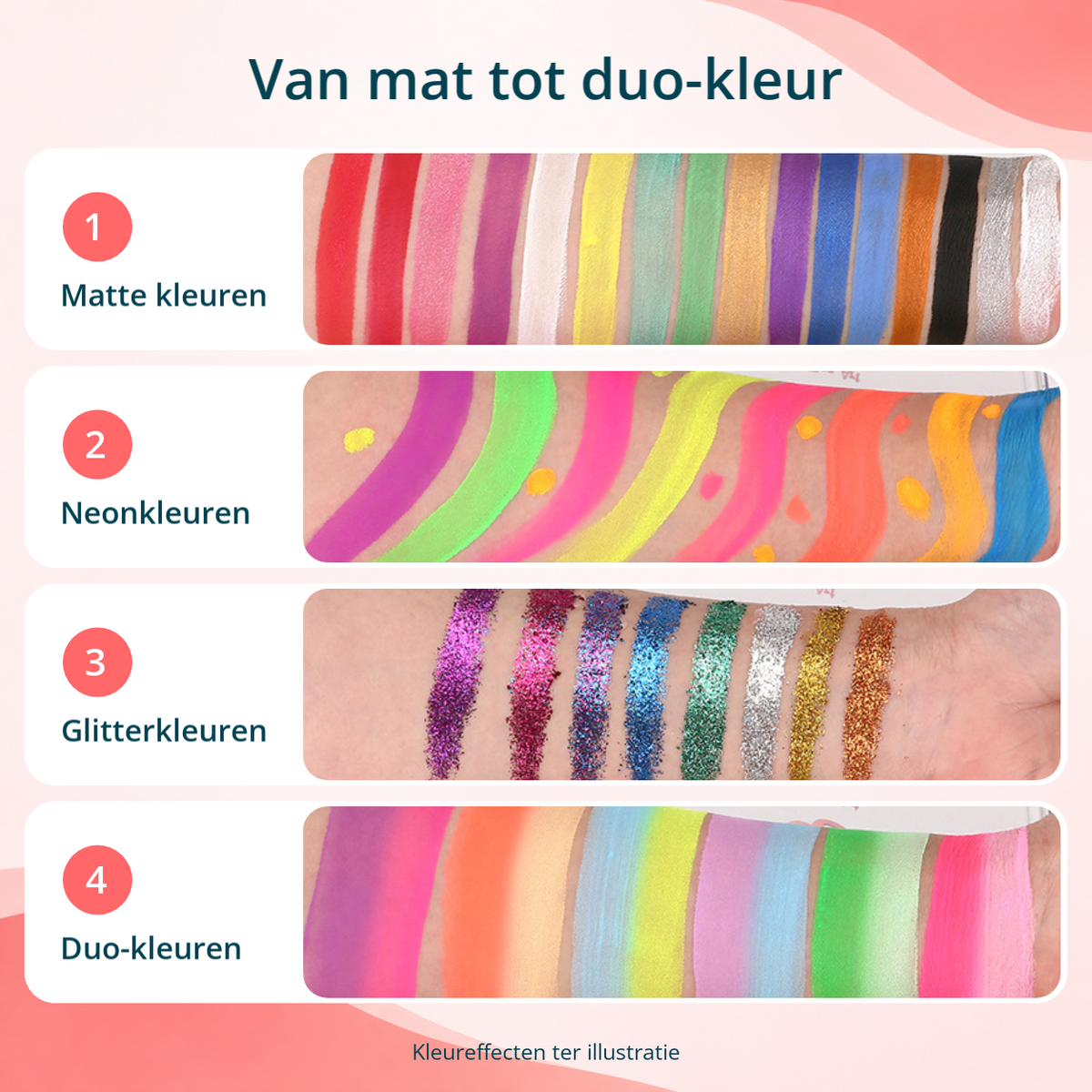 Voorbeelden van matte, neon-, glitter- en duo-kleuren van de 44-kleuren schminkset