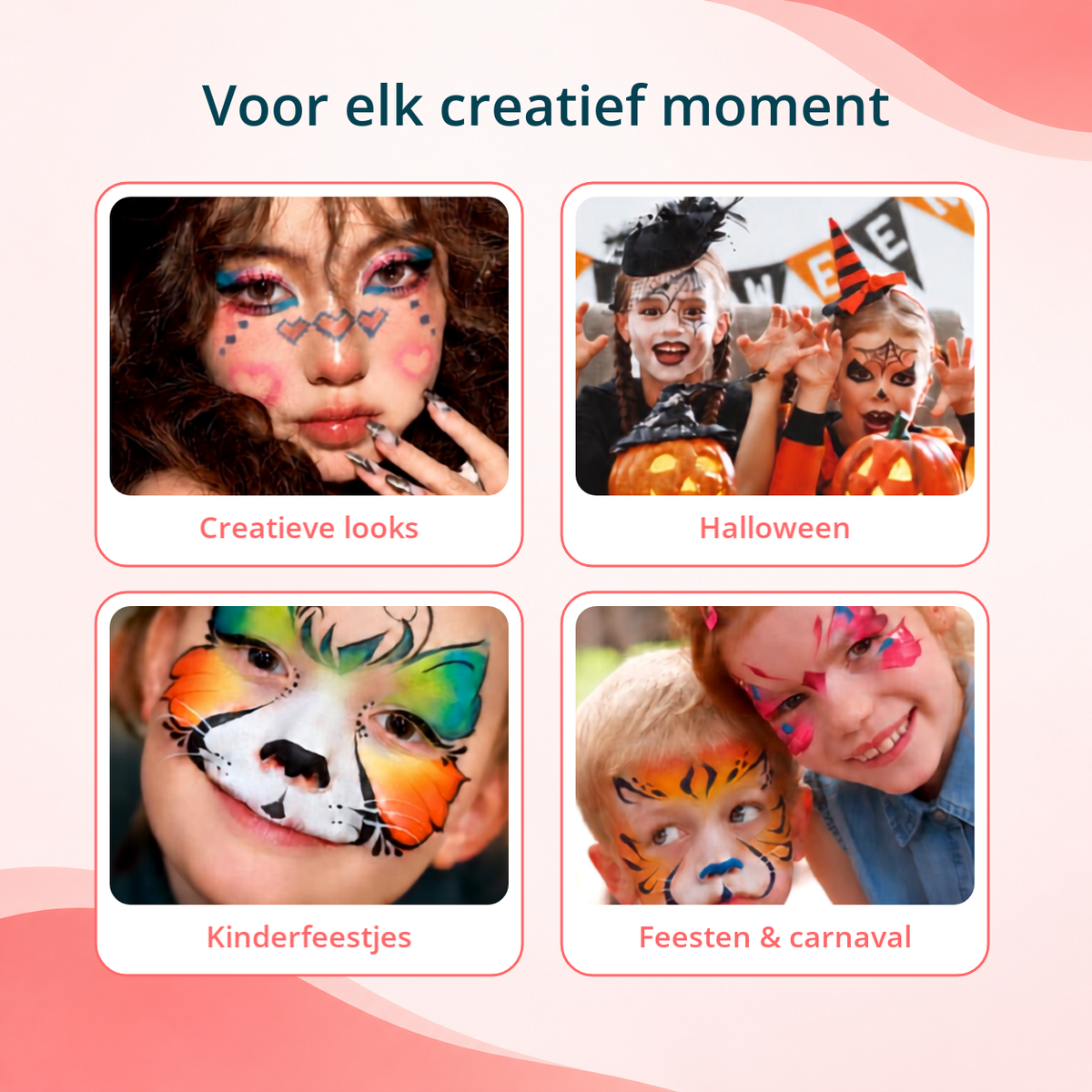 Schminkvoorbeelden voor creatieve looks, Halloween, kinderfeestjes en feesten