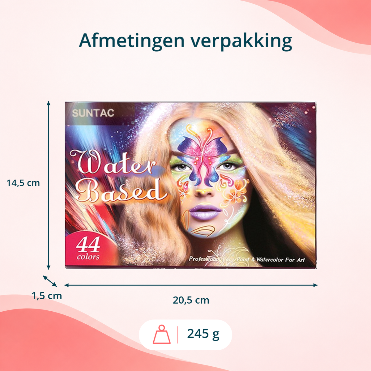 Verpakking van de 44-kleuren schminkset: 20,5 × 14,5 × 1,5 cm en gewicht 245 g
