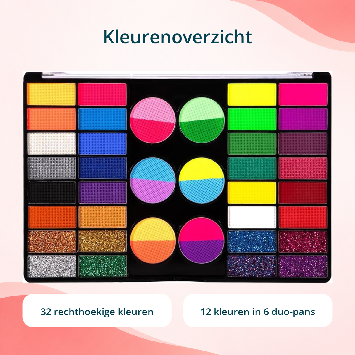Kleurenoverzicht met 32 rechthoekige kleuren en 12 kleuren verdeeld over zes ronde duo-pans