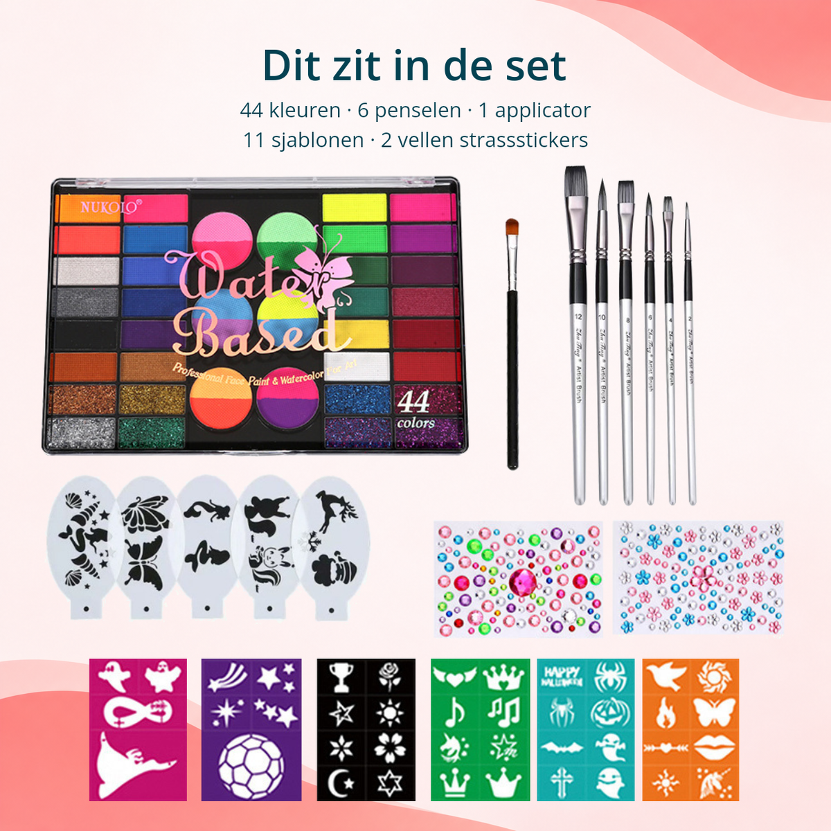 Inhoud van de 44-kleuren schminkset: palet, zes witte penselen, een zwarte applicator, vijf transparante sjablonen, zes gekleurde sjablonen en twee vellen strassstickers
