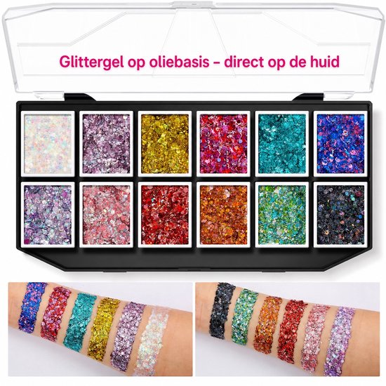 Glitter schmink – 12 kleuren – voor gezicht en lichaam — 8721398055046 — 2
