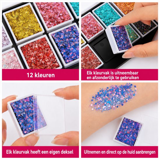 Glitter schmink – 12 kleuren – voor gezicht en lichaam — 8721398055046 — 3