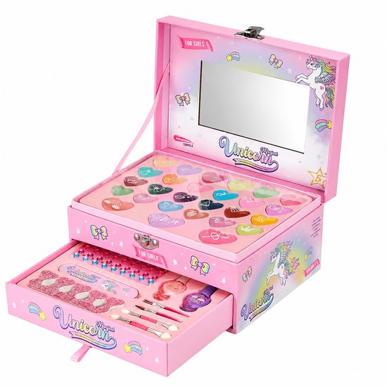 Geopende roze unicorn make-upkoffer met spiegel, hartvormig kleurenpalet en lade met accessoires