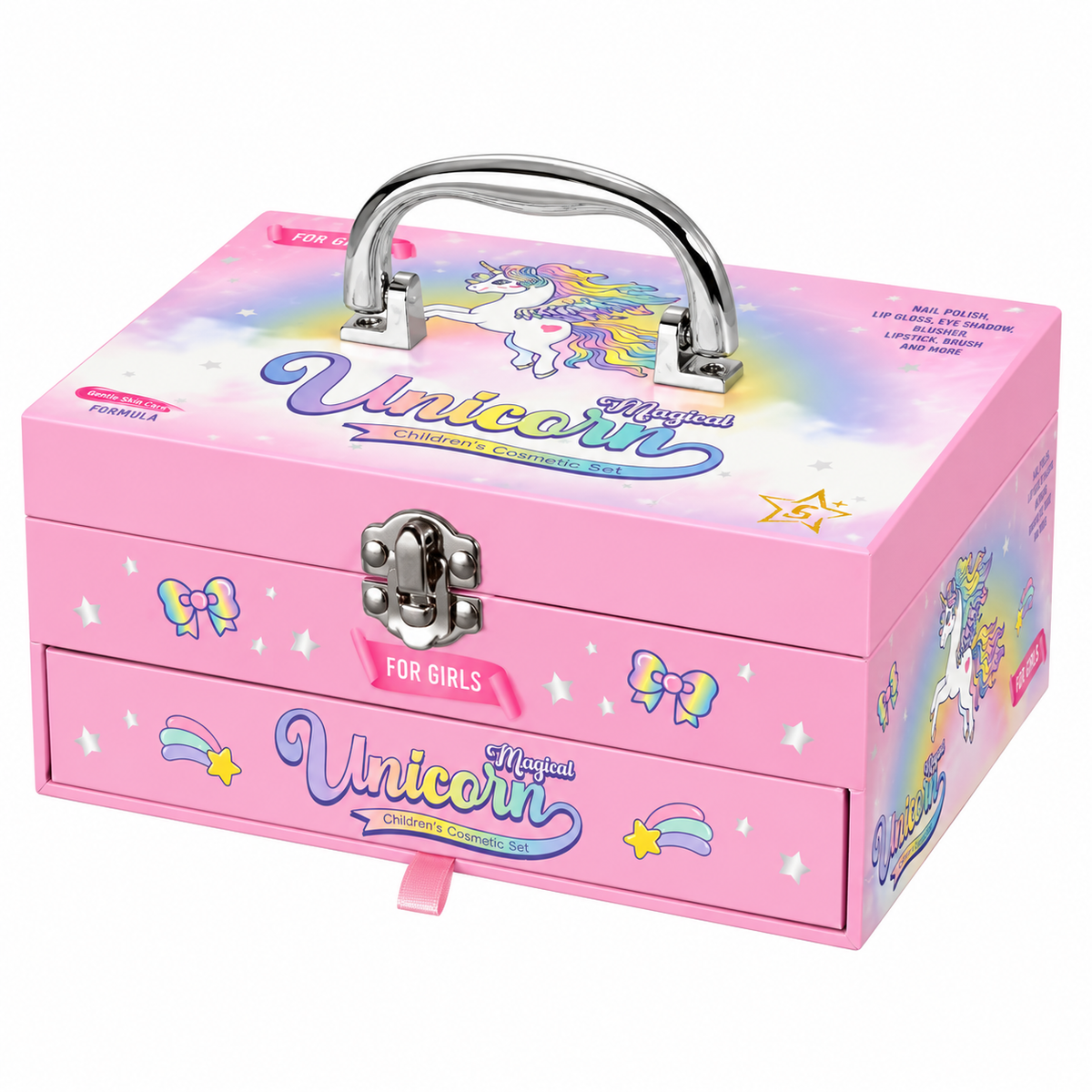 Gesloten roze unicorn make-upkoffer met zilverkleurig handvat, sluiting en lade