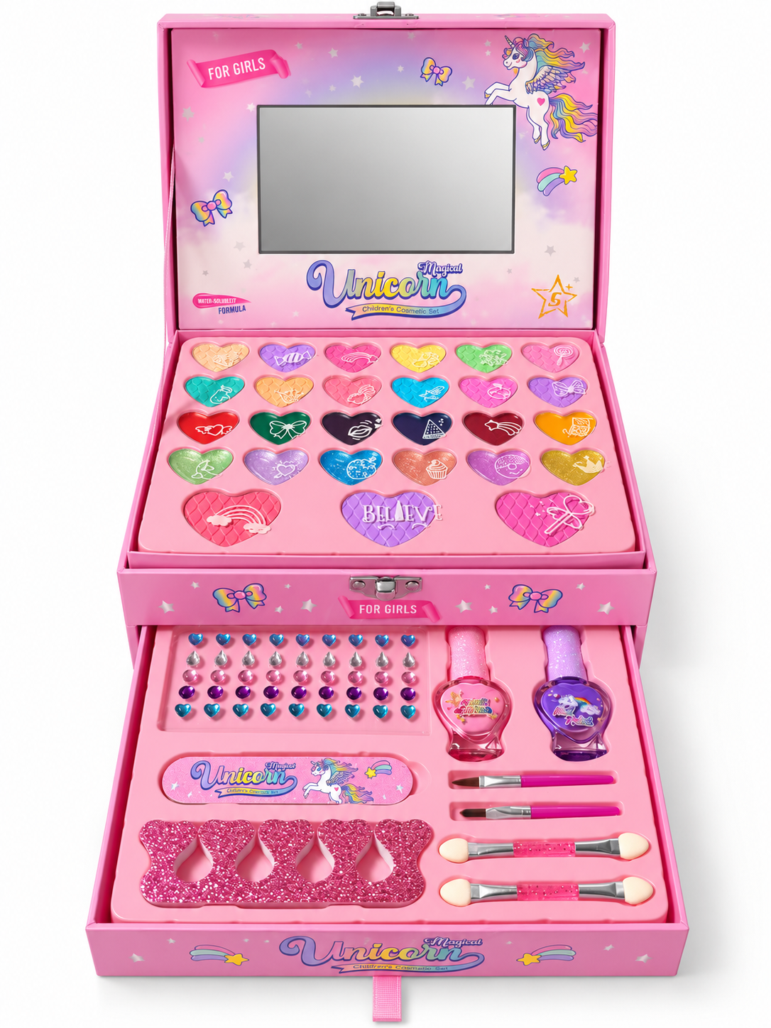 Geopende roze unicorn make-upkoffer met spiegel, hartvormig make-uppalet en accessoires