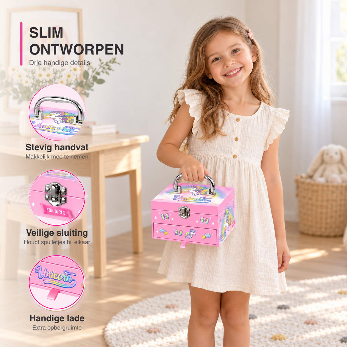 Meisje draagt een roze unicorn make-upkoffer met details van handvat, sluiting en lade