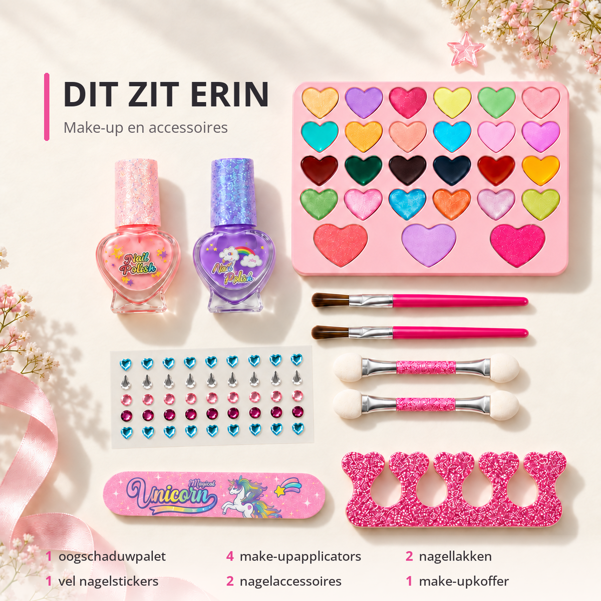 Oogschaduwpalet met hartvormige kleuren, twee nagellakken, applicators, siersteentjes en nagelaccessoires