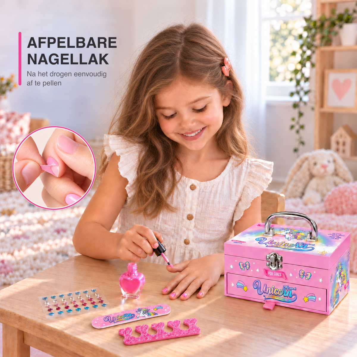 Meisje brengt roze nagellak aan naast de unicorn make-upkoffer, met uitvergroot detail van afpellen