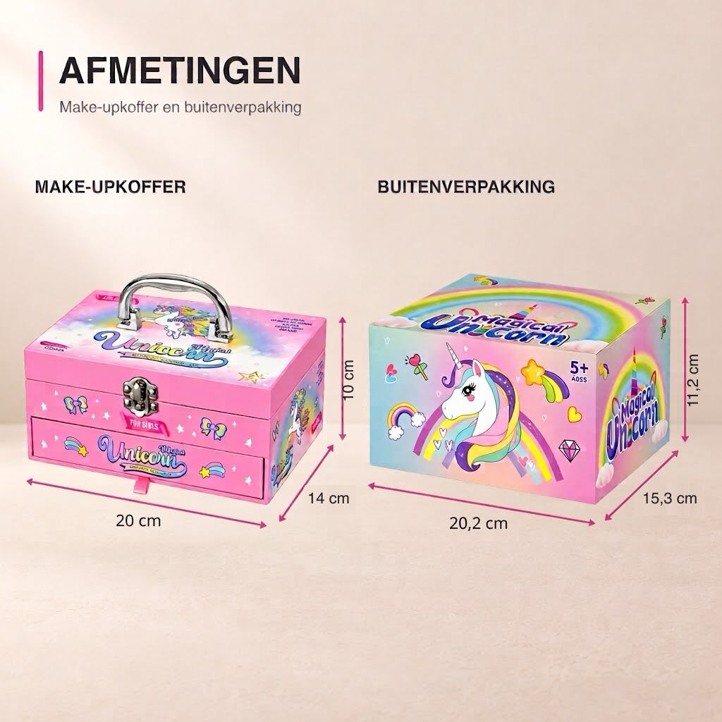 Afmetingen van make-upkoffer en buitenverpakking: 20 × 14 × 10 cm en 20,2 × 15,3 × 11,2 cm