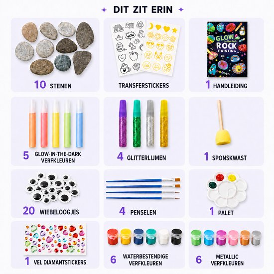 Happy Stones schilder set – 10 stenen – glow-in-the-dark en metallic — 8721398055336 — 3
