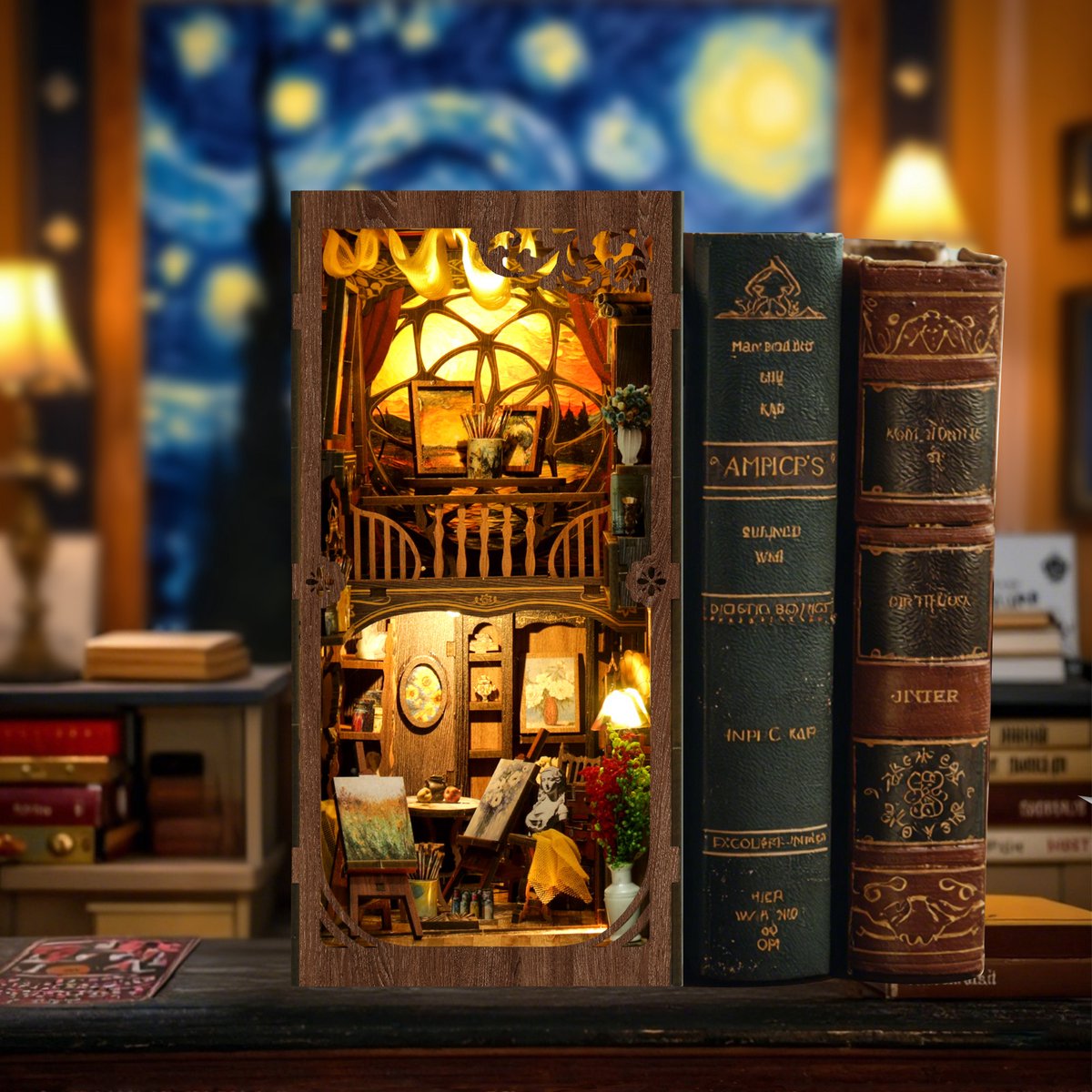 De Wereld Binnen Het Kader book nook naast boeken, met verlichte kunstenaarsatelier en Sterrennacht-zijkant