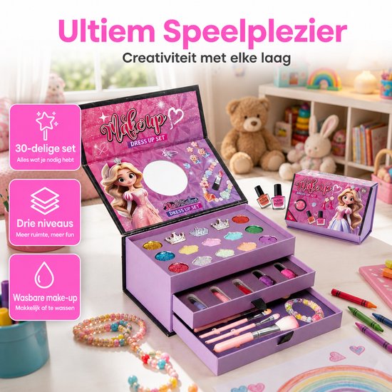 Kindermake-upkoffer – 30-delig – met 3 niveaus en spiegel — 8721398055787 — 5