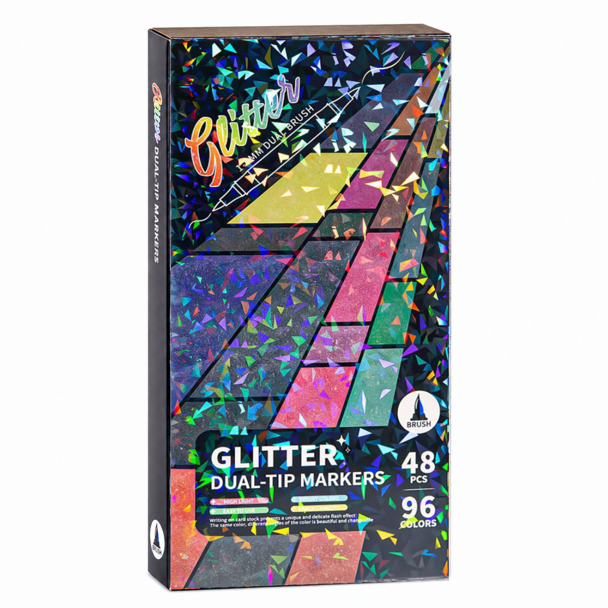 Gesloten verpakking van 48 dubbelzijdige glitterstiften met 96 kleuren op een witte achtergrond