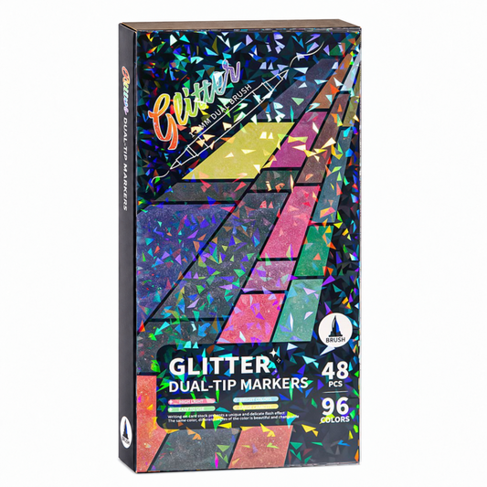 Gesloten verpakking van 48 dubbelzijdige glitterstiften met 96 kleuren op een witte achtergrond