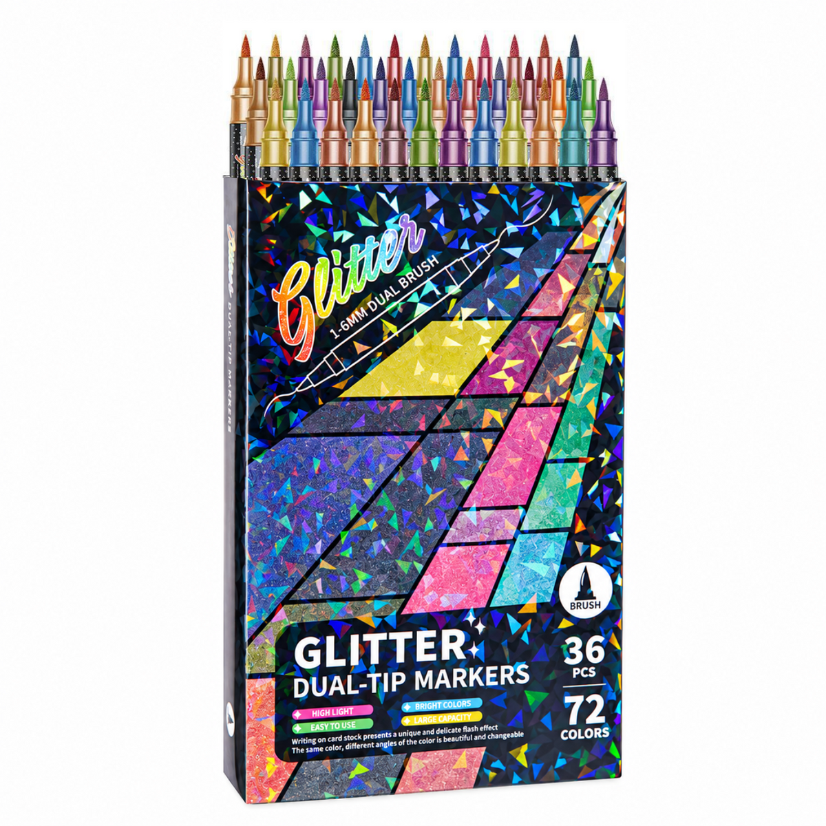 Open verpakking van 36 dubbelzijdige glitterstiften in 72 kleuren met gekleurde penseelpunten op een witte achtergrond