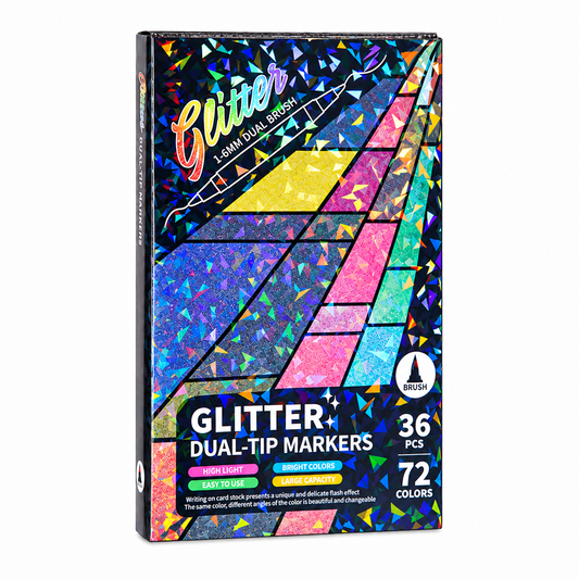 Gesloten verpakking van 36 dubbelzijdige glitterstiften met 72 kleuren op een witte achtergrond